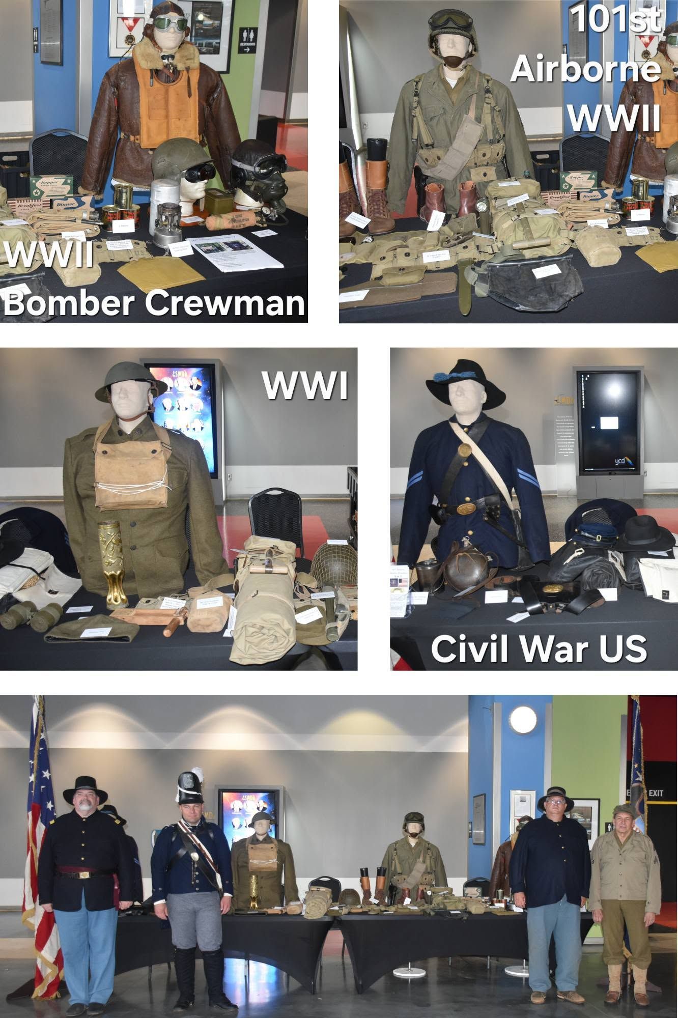 Collage of uniformed service members posing indoors beside gear tables, labeled WWI to Civil War US