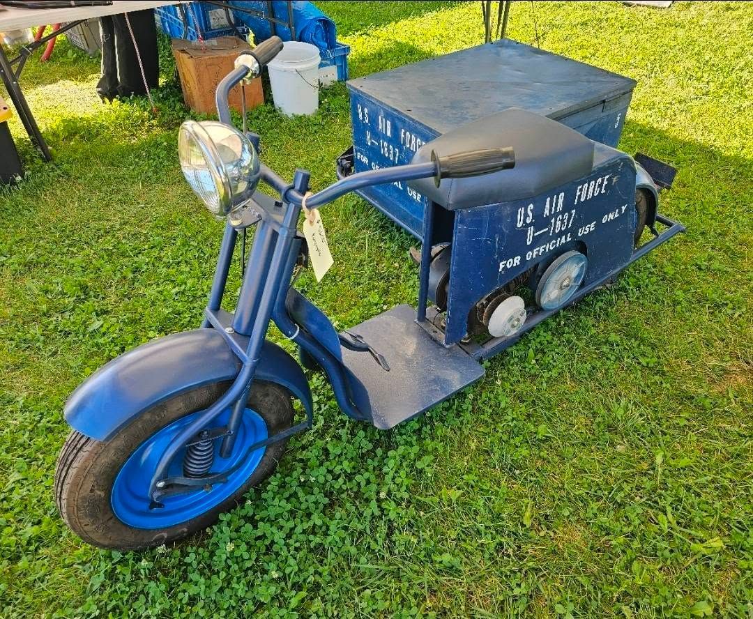 Blue three-wheeled cargo scooter with a boxy rear compartment parked on grass outdoors