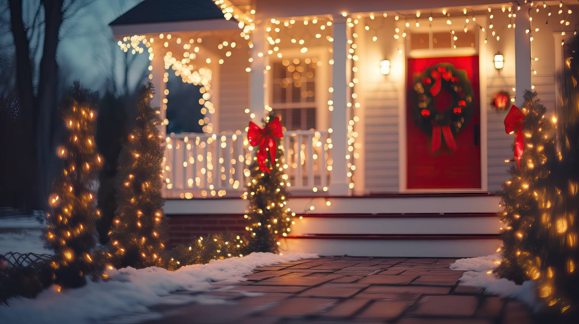 Exterior of home with Christmas lights on roof, porch, and walkway near Lexington, SC