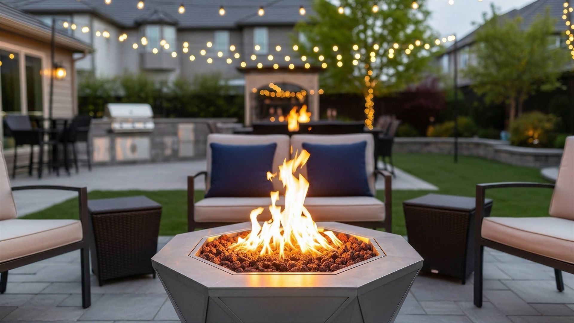 Fire pit in a seating area with overhead string lights near Lexington, SC