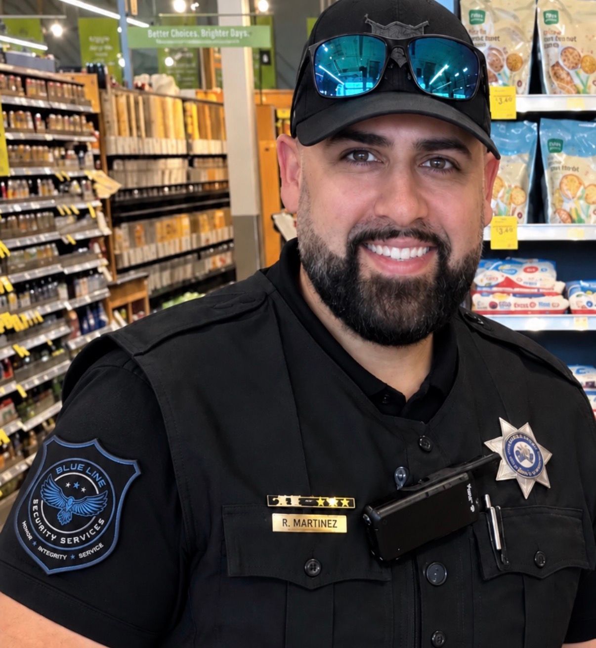 Smiling security guard in black uniform and cap inside a grocery store aisle.