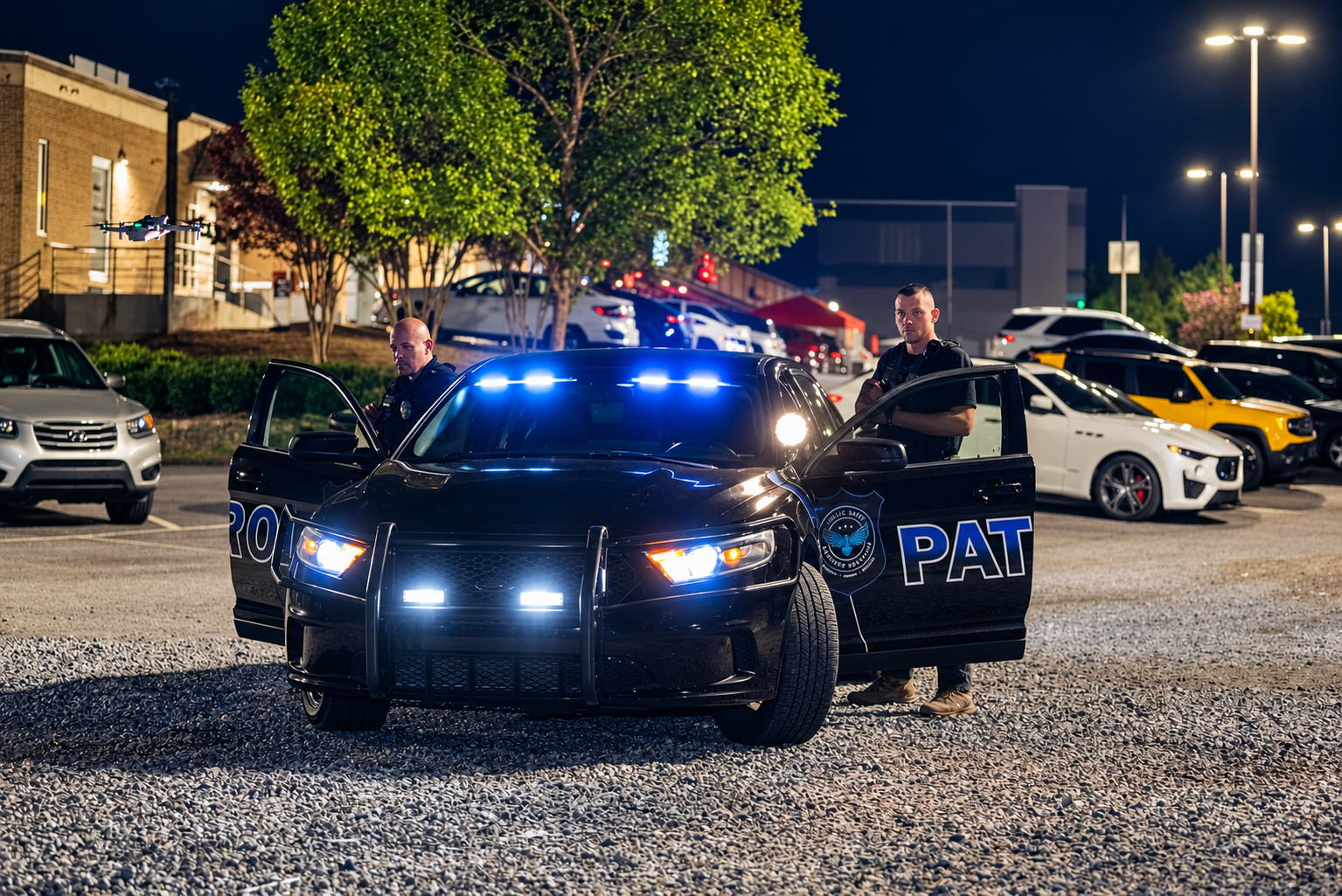 Police SUV with flashing lights parked at night in a lit lot, surrounded by other vehicles.