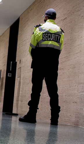 Security guard in reflective vest standing in a hallway, seen from behind.