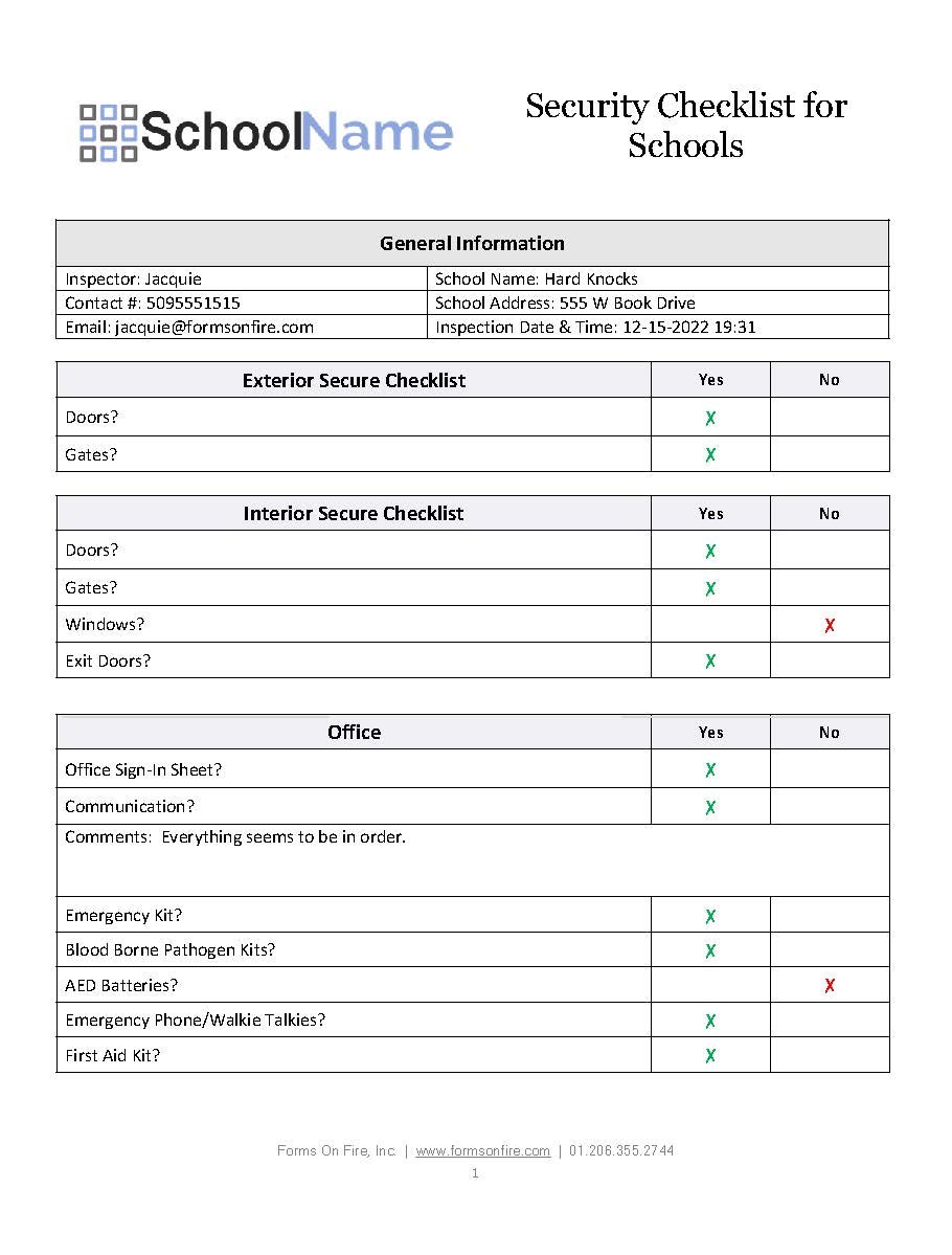 School Safety and Security Assessment Checklist Forms On Fire