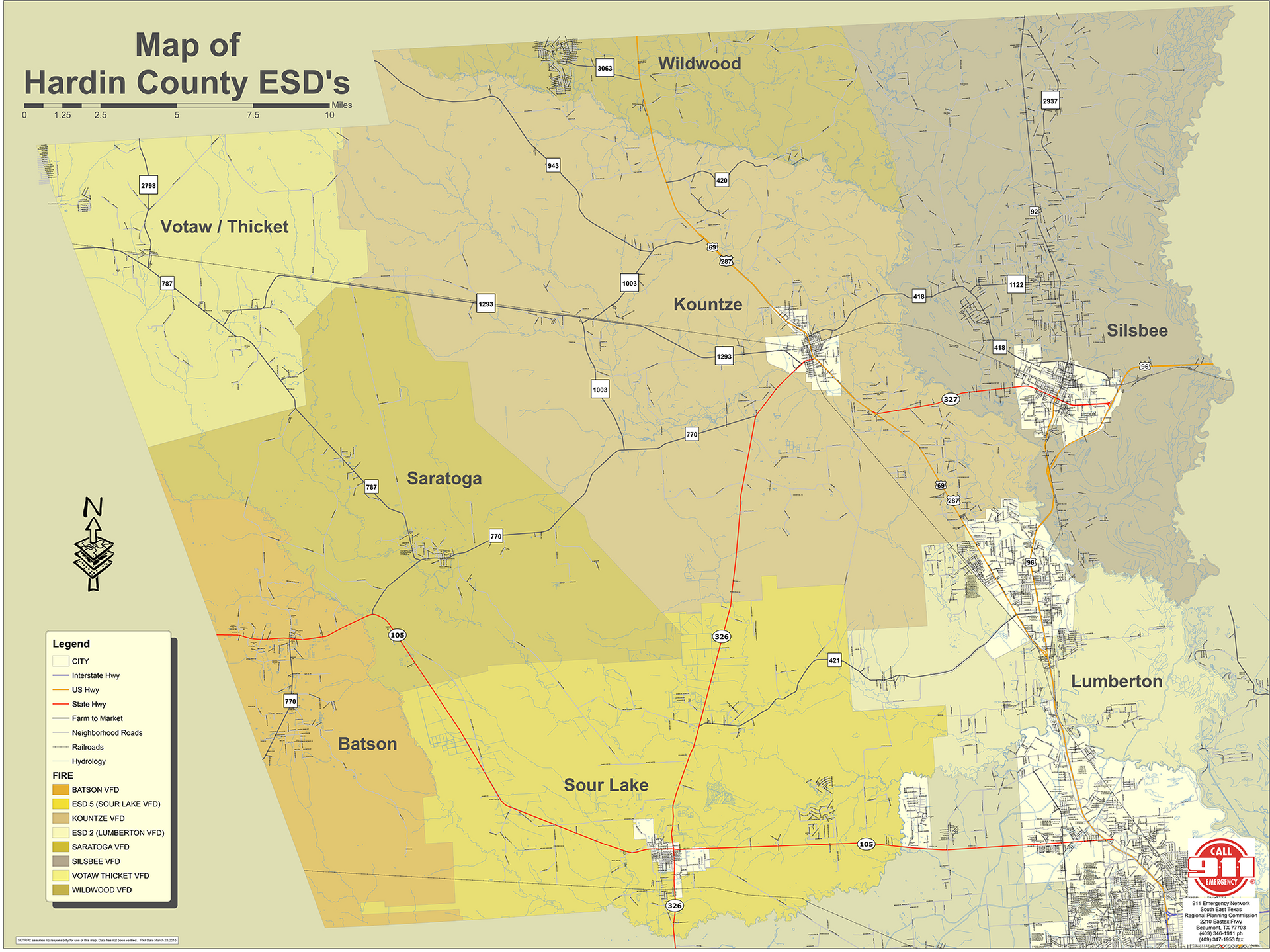 Map of Hardin County ESDs with district boundaries shaded in yellow and beige.