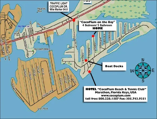 aerial map view with indicators for Coco Plum Beach and Tennis Club and Marina in the Florida Keys