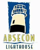 Absecon Lighthouse logo. White lighthouse with black base, set in blue frame. "Absecon Lighthouse" text below.