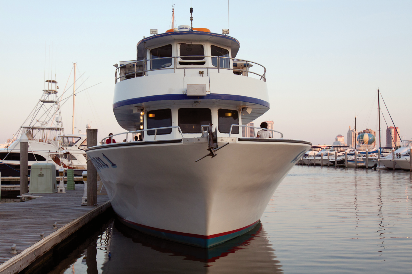 White boat docked in a marina, blue accents, clear sky, buildings in the background.