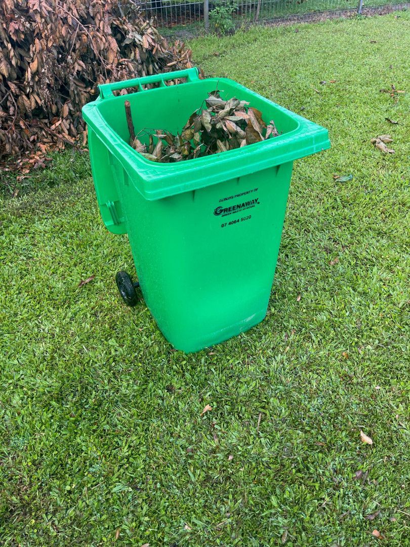Green trash bin filled with leaves on a grassy lawn. — Greenaway Green Waste Removal in Tully, QLD