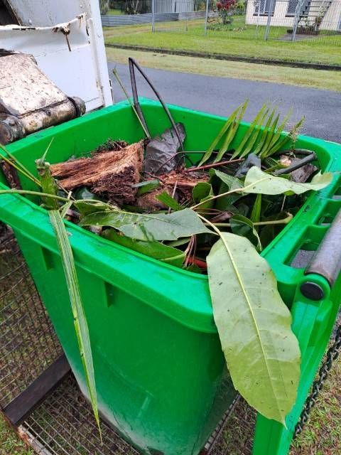 Green waste bin filled with leaves, sticks, and garden refuse in a residential area.— Greenaway Green Waste Removal in O'Briens Hill, QLD