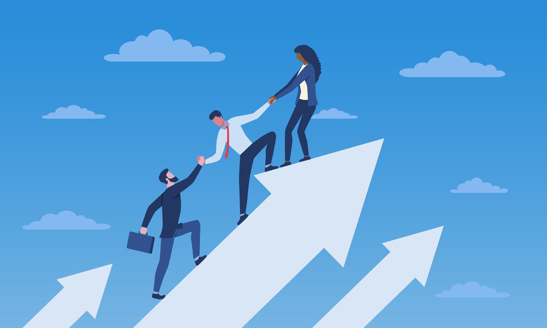 Team growth concept. Boss helps subordinates grow. Employees get better together, development of com
