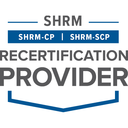 SHRM Recertification Provider logo: blue and white text,