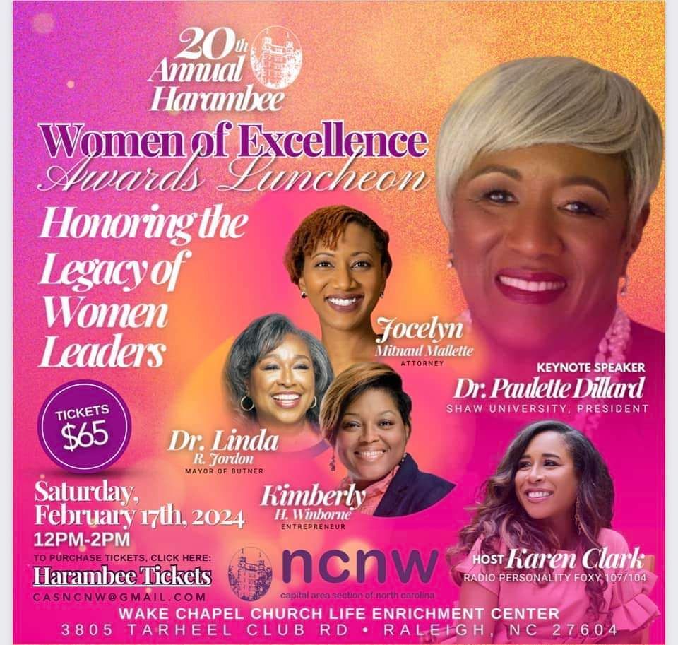 Poster for the 20th Annual Harambee Women of Excellence Awards Luncheon in Raleigh, NC. Features speakers and honorees.