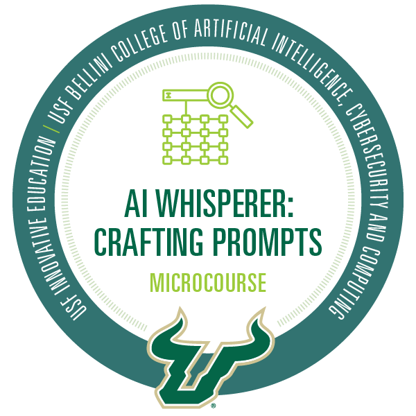 A circular badge for a USF Bellini College of Artificial Intelligence microcourse titled