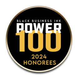 Black Business Ink Power 100 logo: black circle with gold trim,