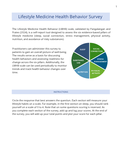 Survey document with a pie chart illustrating six lifestyle pillars: sleep, social connection, stress, physical activity, etc