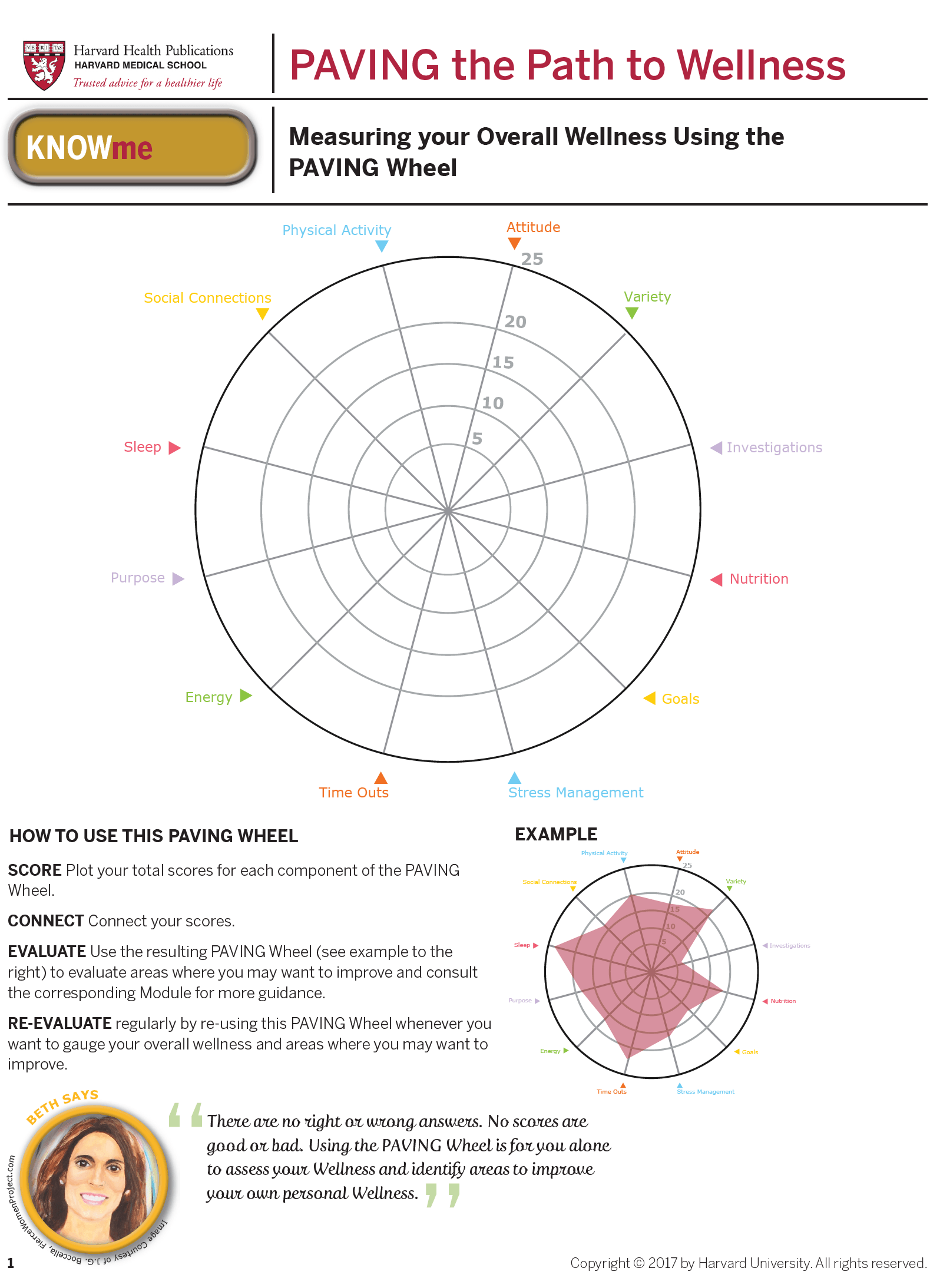 Wellness wheel diagram with instructions for self-assessment.