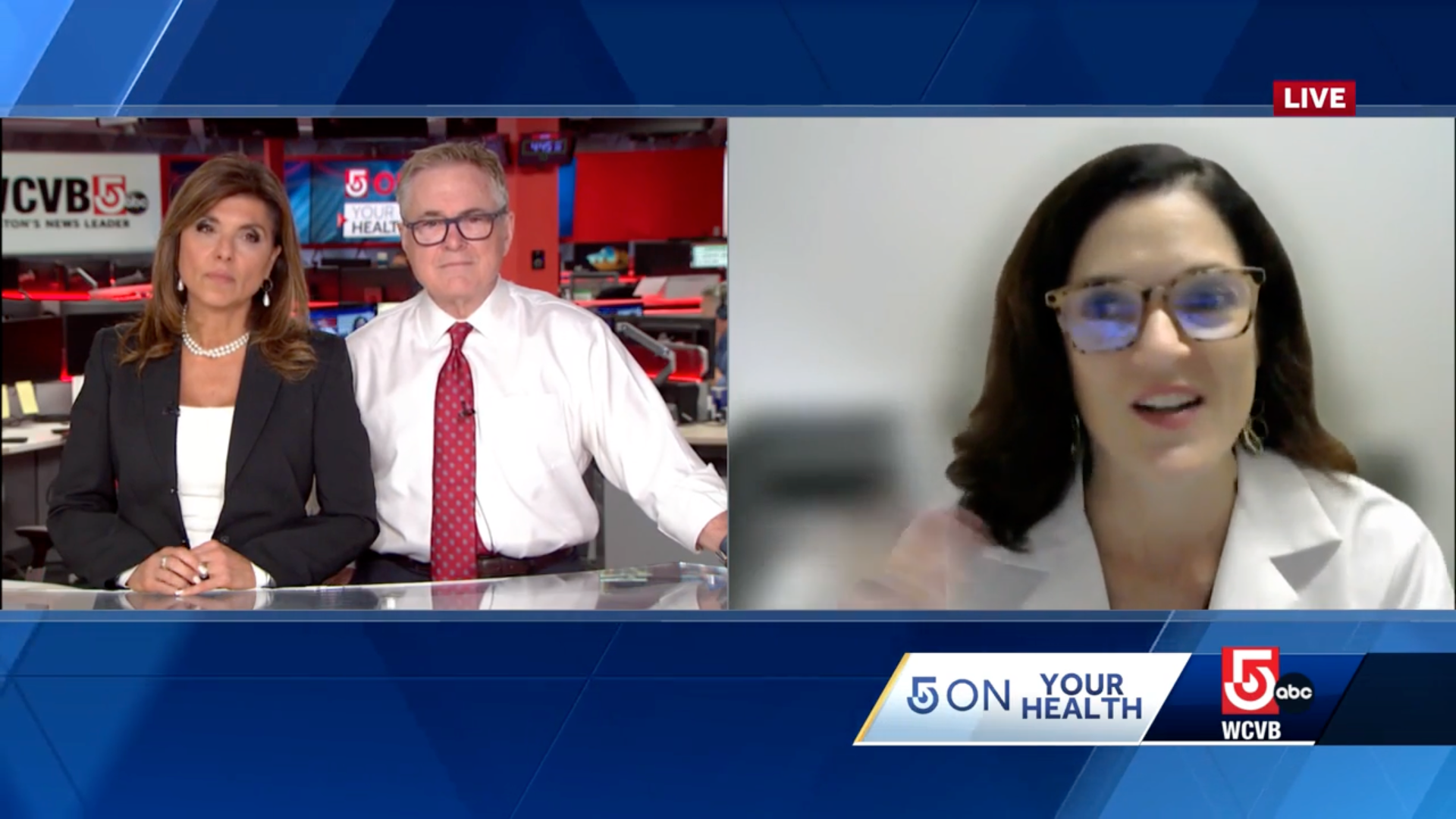 News anchors interviewing a female doctor via video call about health.