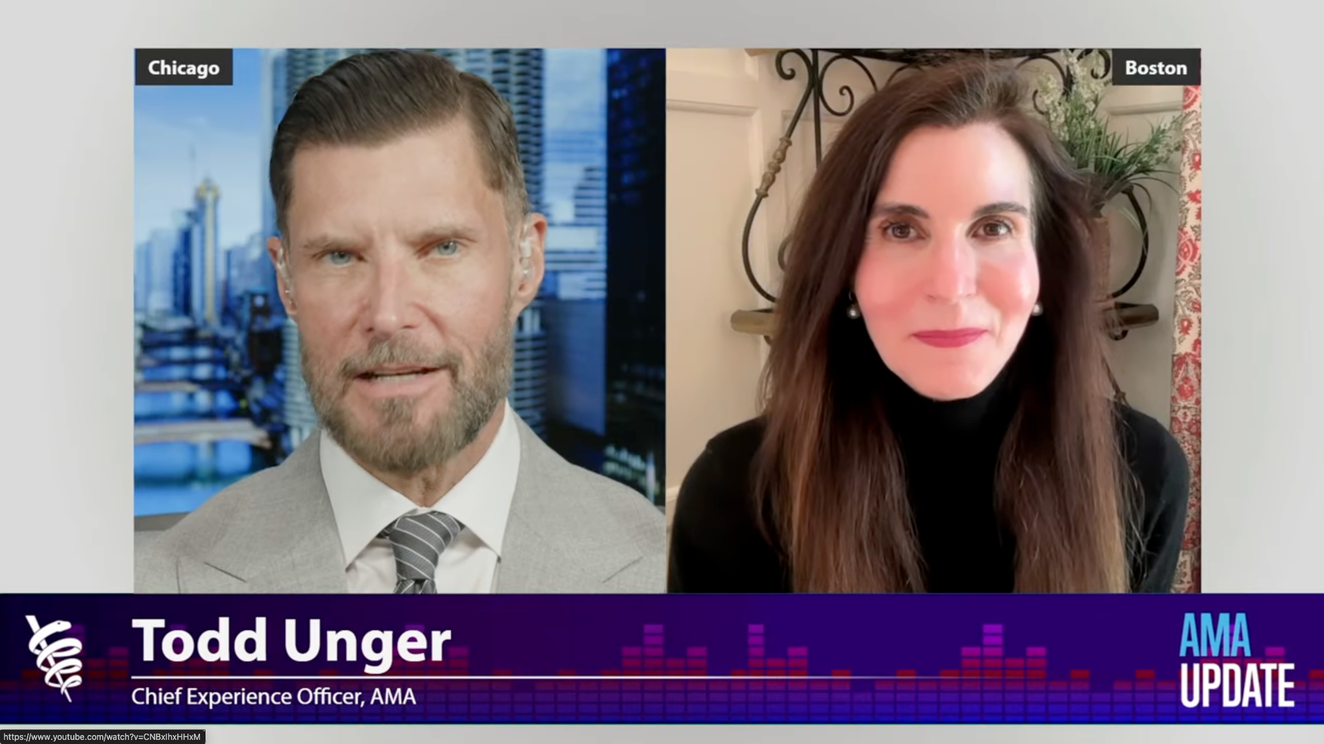 Two people in video conference; man in Chicago, woman inside home, both smiling, AMA Update title.