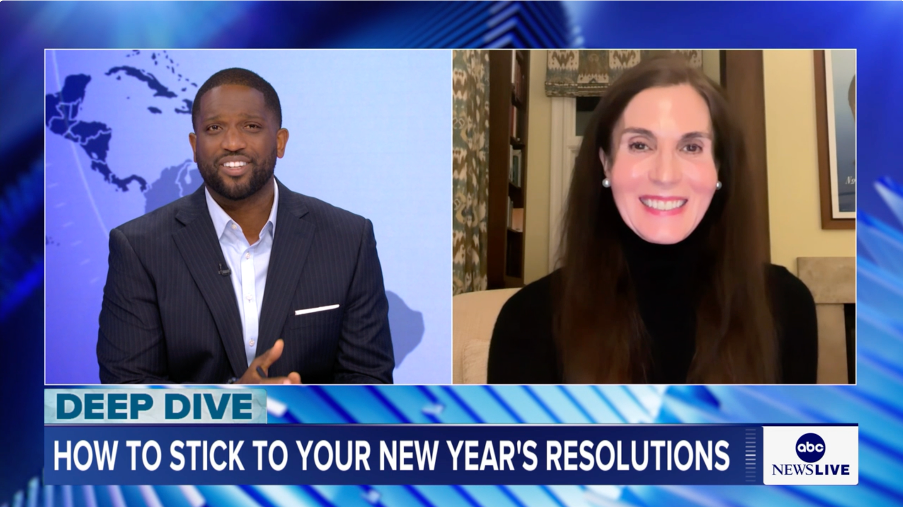 News broadcast split-screen featuring a host and guest discussing 
