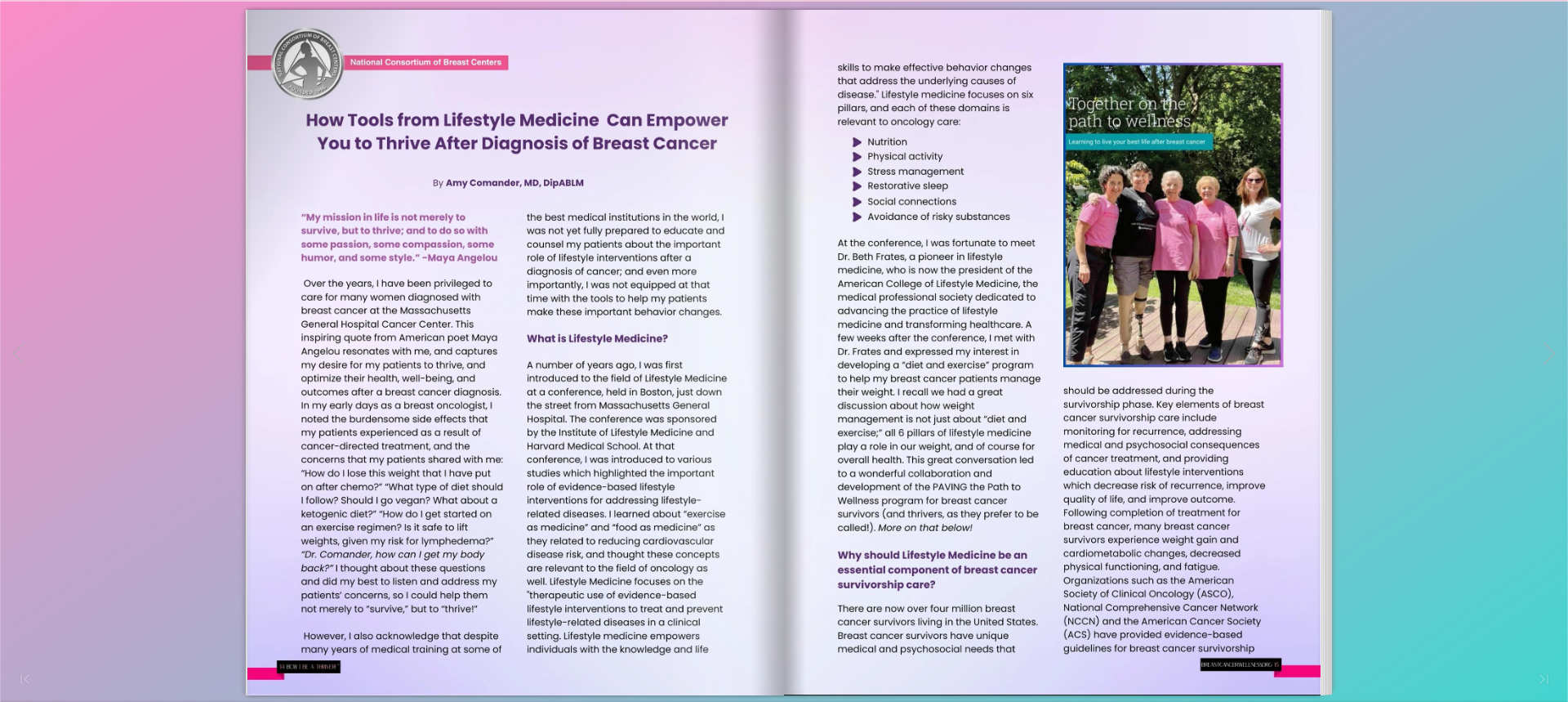 Open book spread with text, a photo of people in pink shirts and a tree, with colorful background.