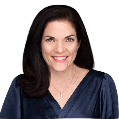 Woman with dark hair smiles, wearing a navy blue satin top and a pendant necklace.