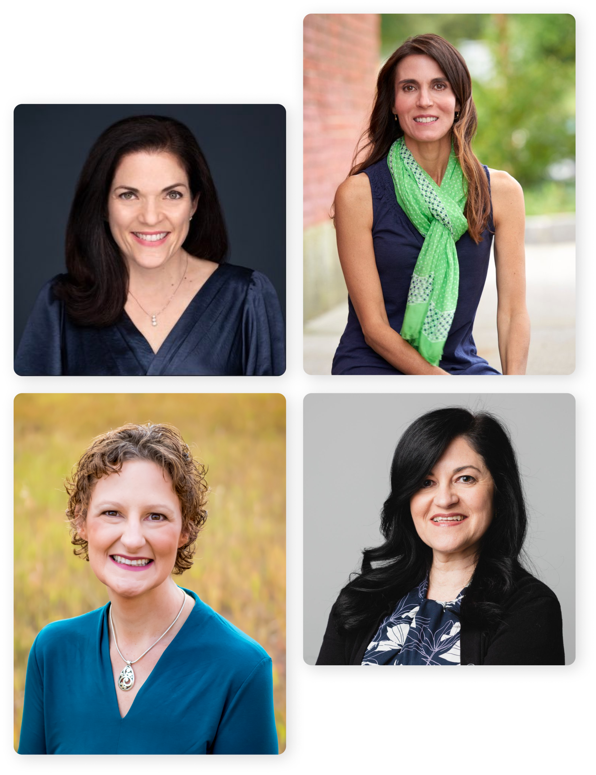 Four women, headshots: dark-haired in blue, outdoor with green scarf, blonde in teal, black-haired with floral scarf.