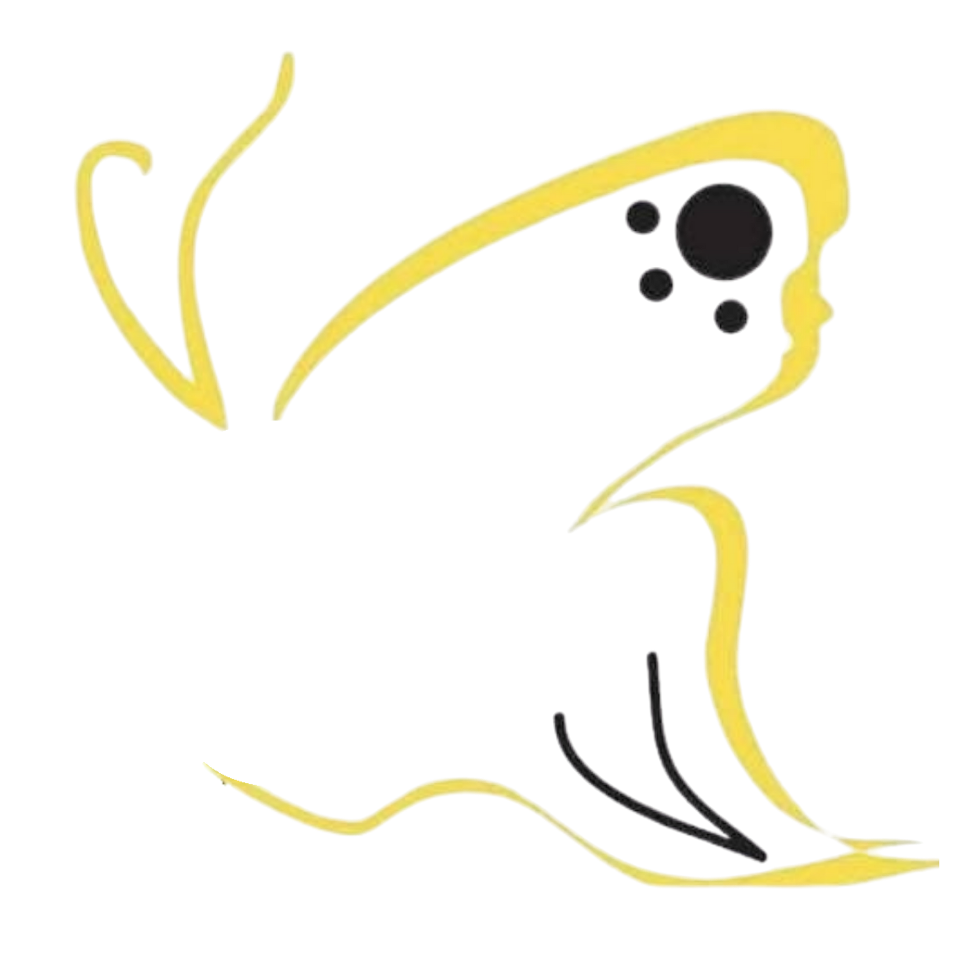 Abstract yellow and black line drawing of a frog on a white background