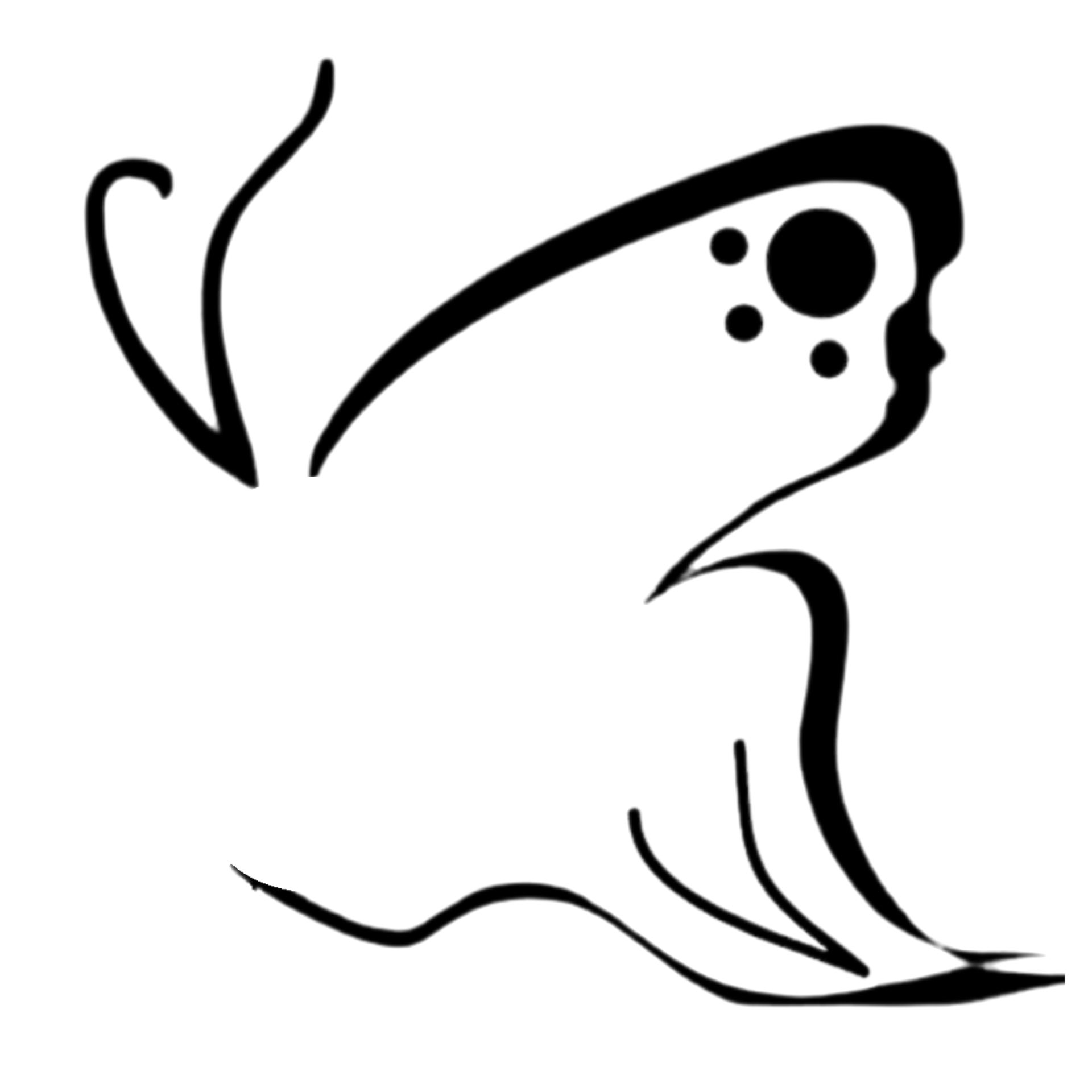 Black line-art silhouette of a leaping frog with a few spots on a white background