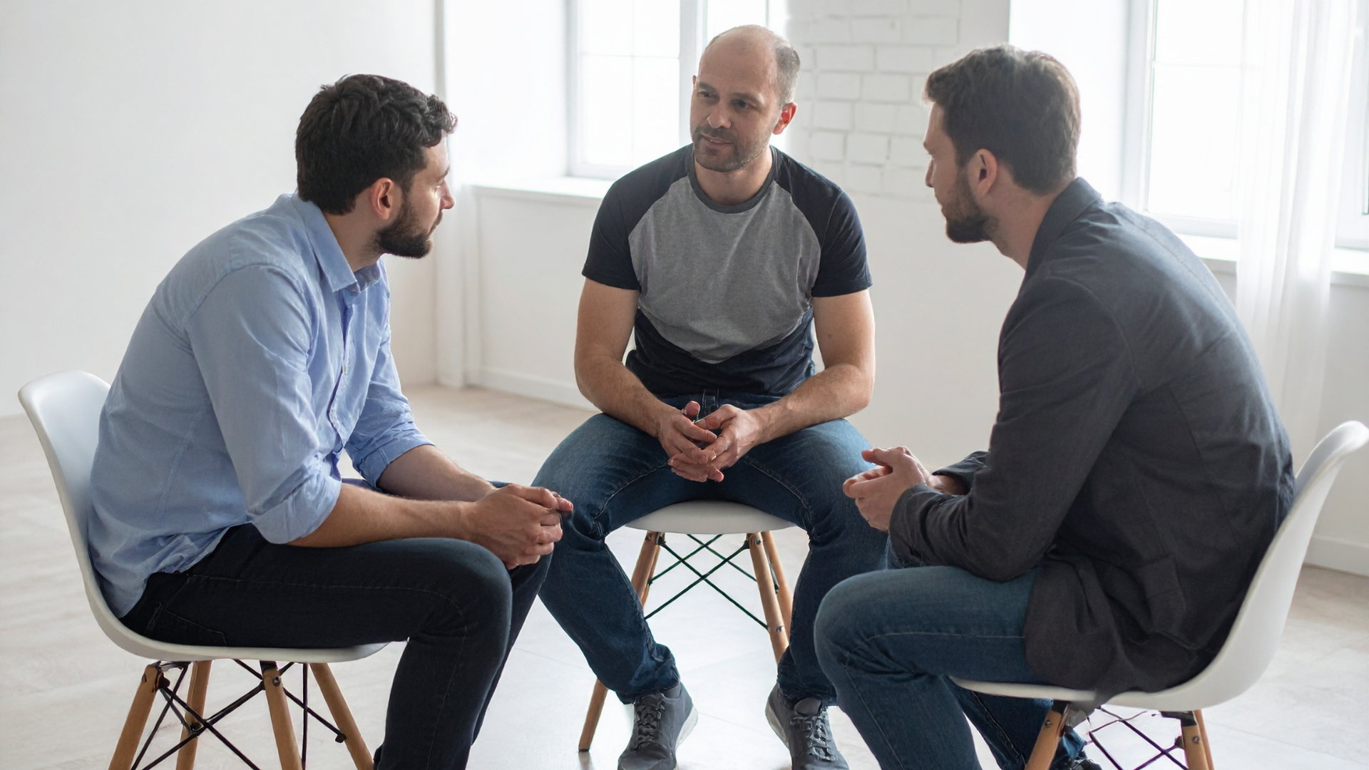 Three people seated in a circle, talking in a bright room with large windows.