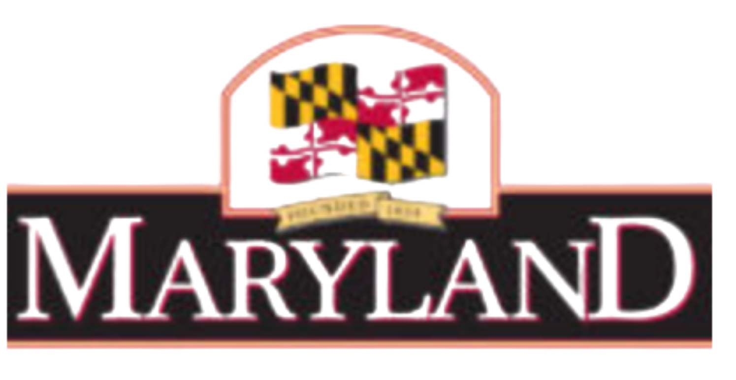 Maryland state logo with flag icon above white text on a black bar