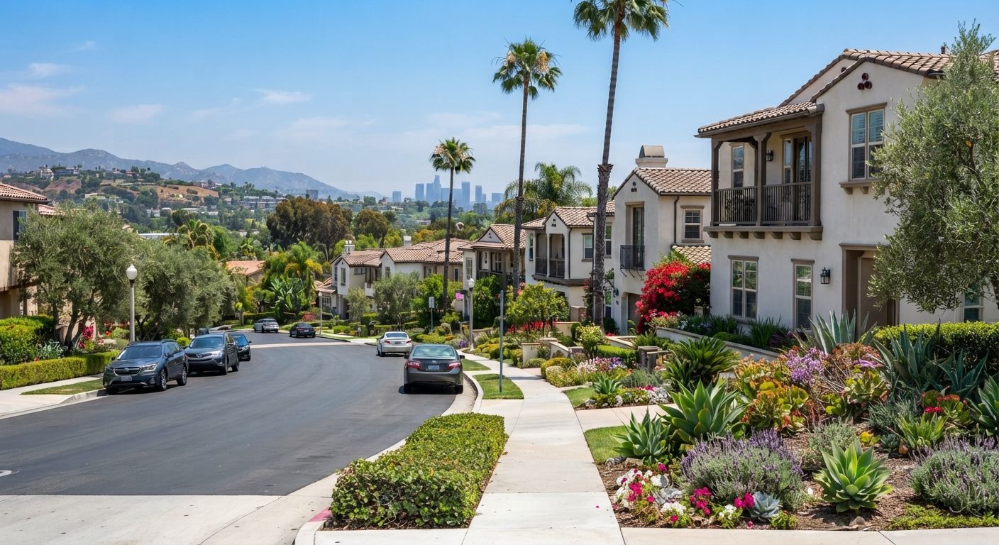 Sunny suburban street with palm trees, hillside homes, parked cars, and colorful landscaped gardens