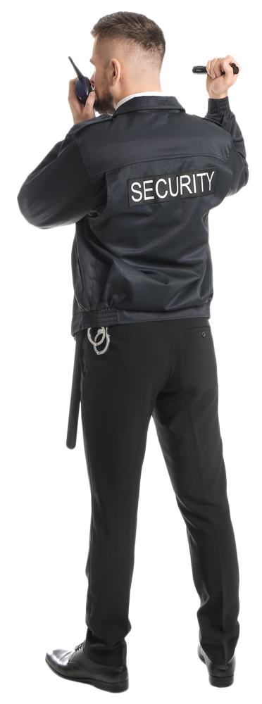 Security guard in black uniform holding handcuffs and baton, viewed from the back.