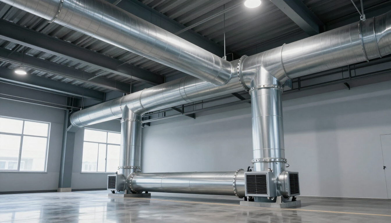 Industrial ventilation ductwork in a bright, empty warehouse interior