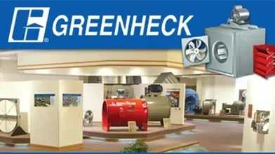 GREENHECK trade show booth with industrial fans, HVAC equipment, and a red tank display