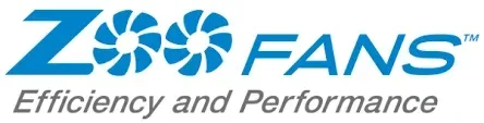 ZOOS FANS logo with blue fan icon and gray tagline “Efficiency and Performance”