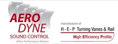 Aero Dyne Sound Control logo with H-E-P Turning Vanes & Rail High Efficiency Profile text on white background