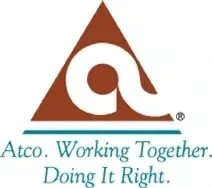 Atco logo in brown and teal with slogan, “Working Together. Doing It Right.”