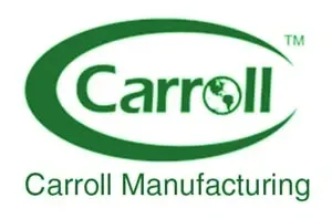 Carroll Manufacturing logo in green with oval swoosh and globe in the “o”