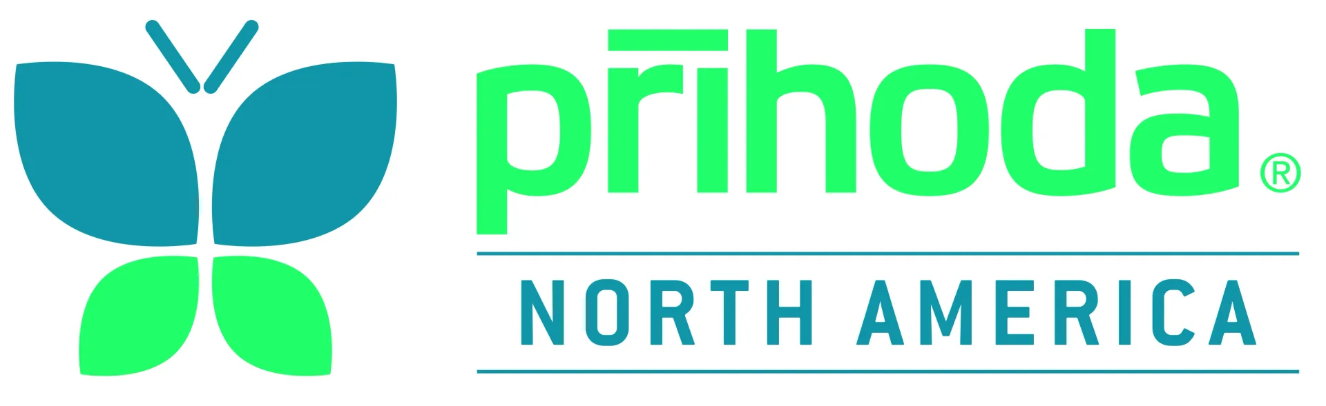 Prihoda North America logo with green and blue stylized butterfly icon and text