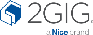 Logo for 2GIG, a Nice brand, featuring a blue and white geometric shape and gray text.