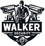Logo for Walker Security: security guard in uniform between two surveillance cameras, text "WALKER SECURITY".