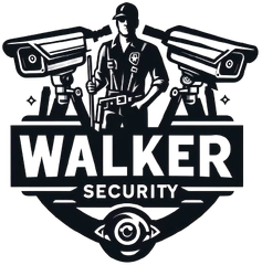 Logo for Walker Security: security guard in uniform between two surveillance cameras, text "WALKER SECURITY".