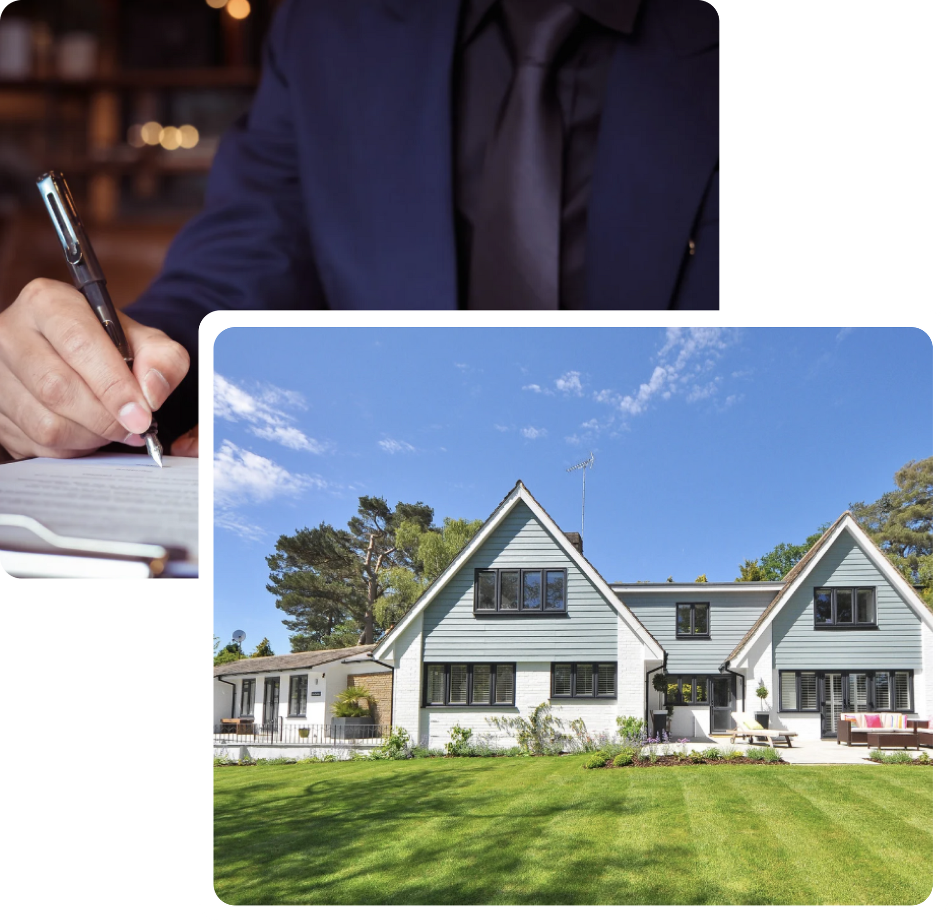 Man in suit signing papers; a large house with a blue sky in the background.