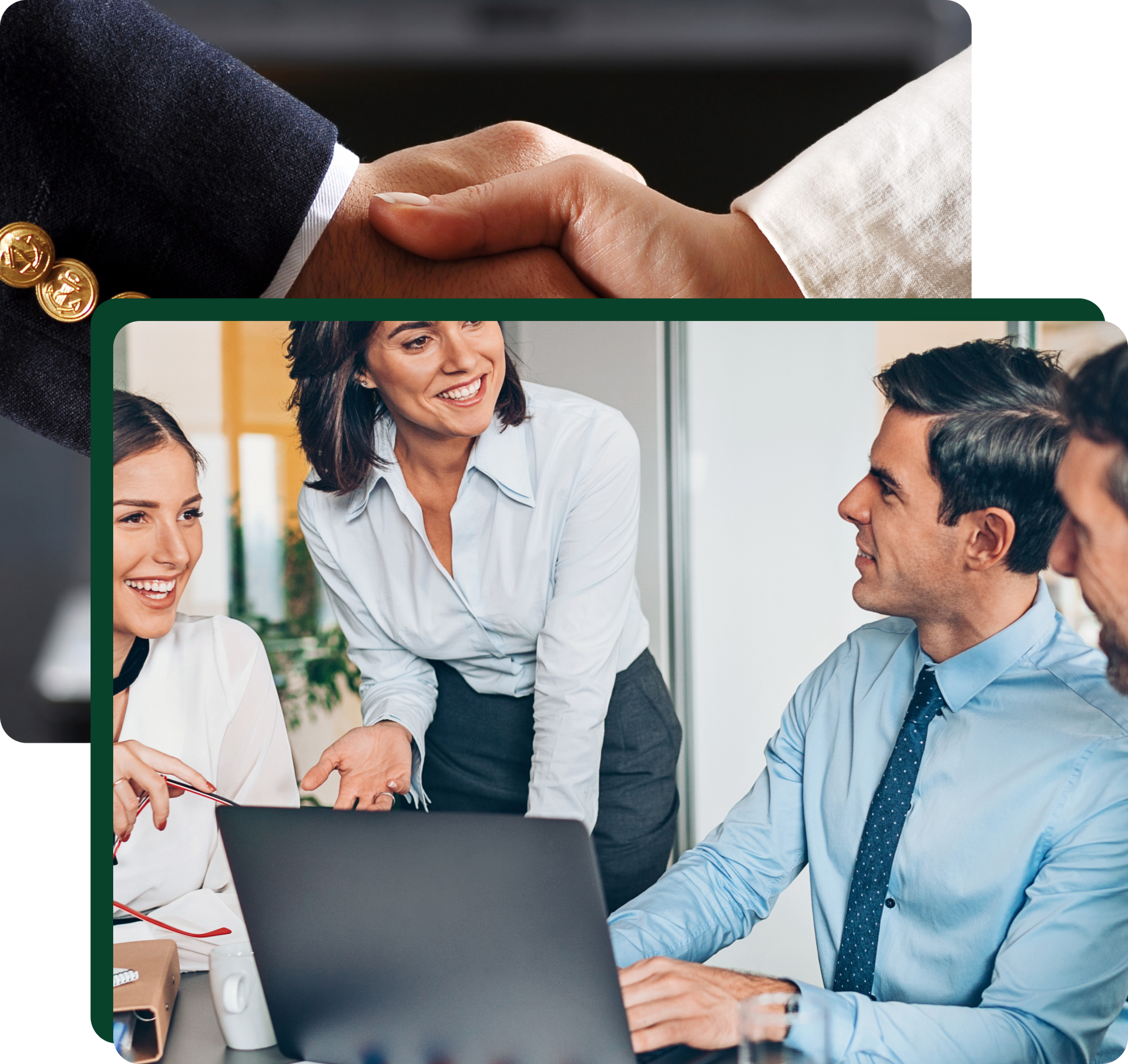 Handshake with gold cufflink, business team discussing at laptop.