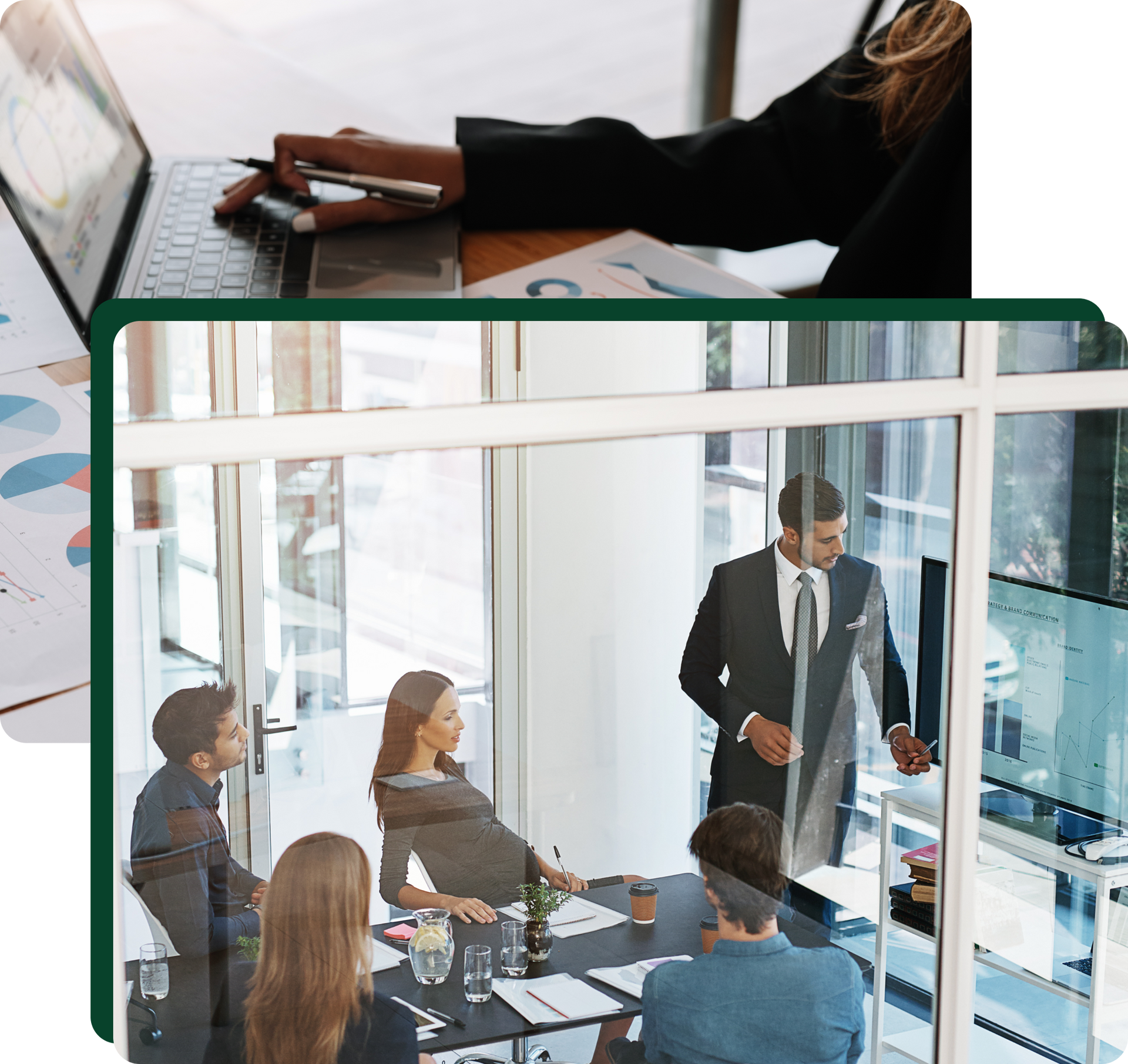 Woman working on laptop; group in meeting, man giving presentation.