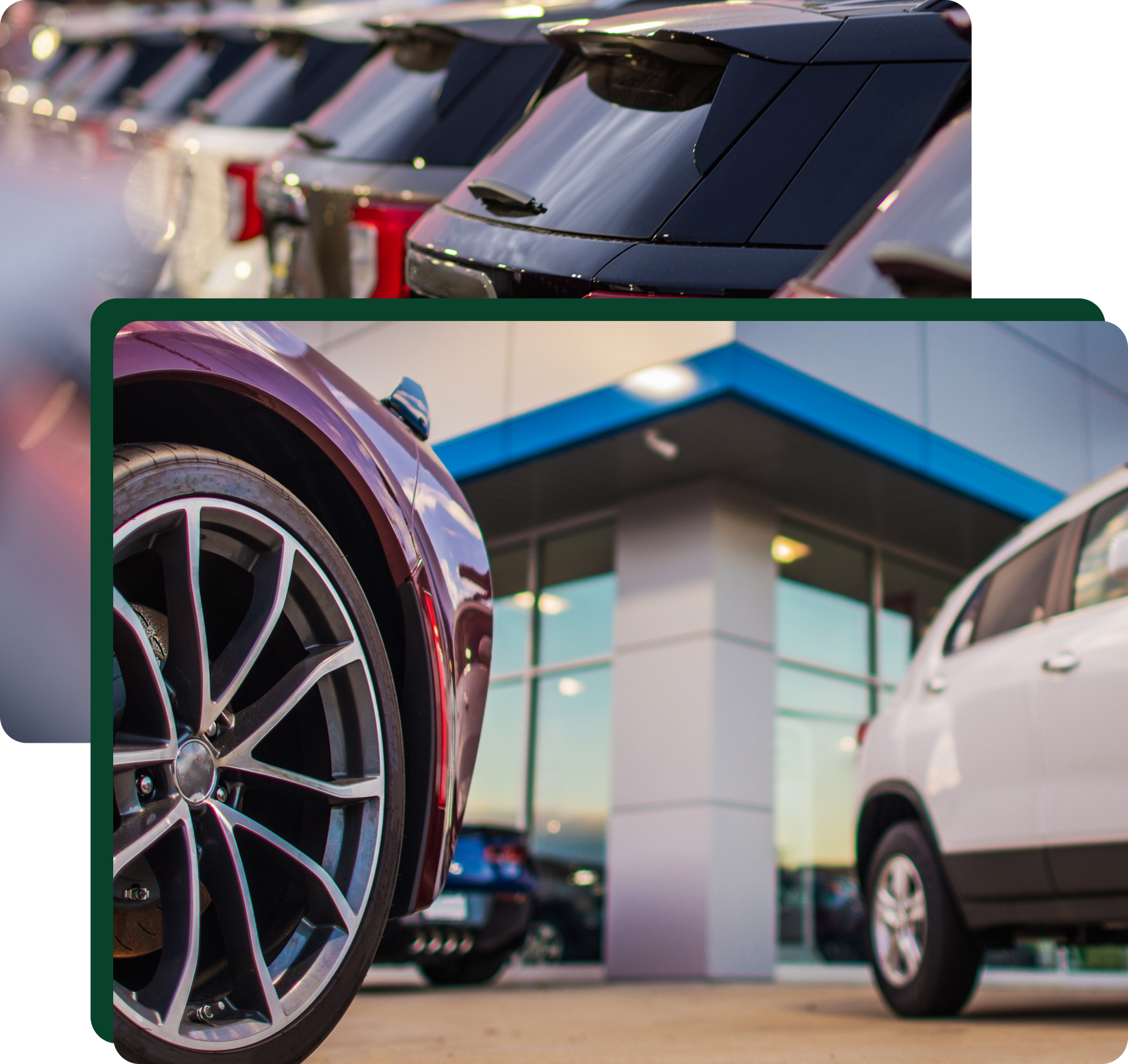 Cars lined up, showroom exterior with maroon car wheel in front, white car, blue building.