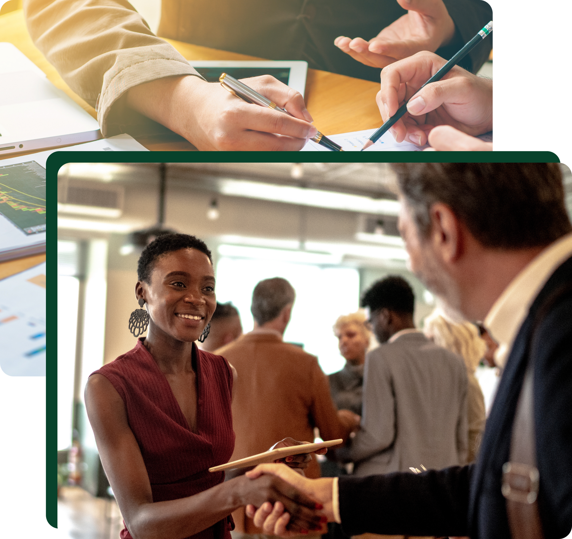 People collaborating with paperwork and shaking hands at a networking event.