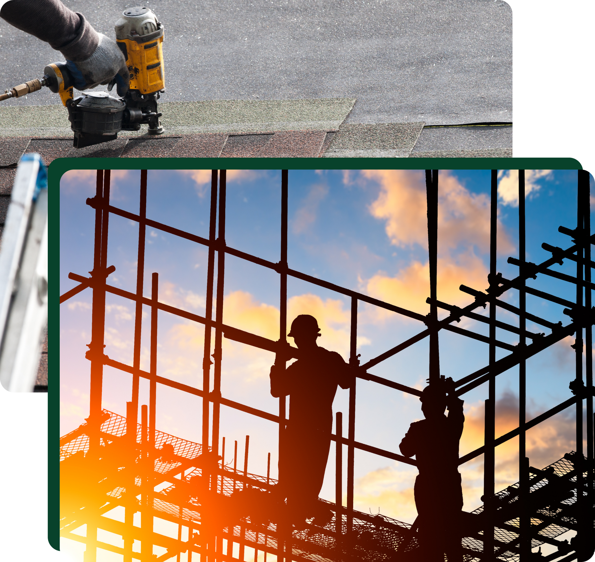 Roofing and construction workers on scaffolding at sunset.