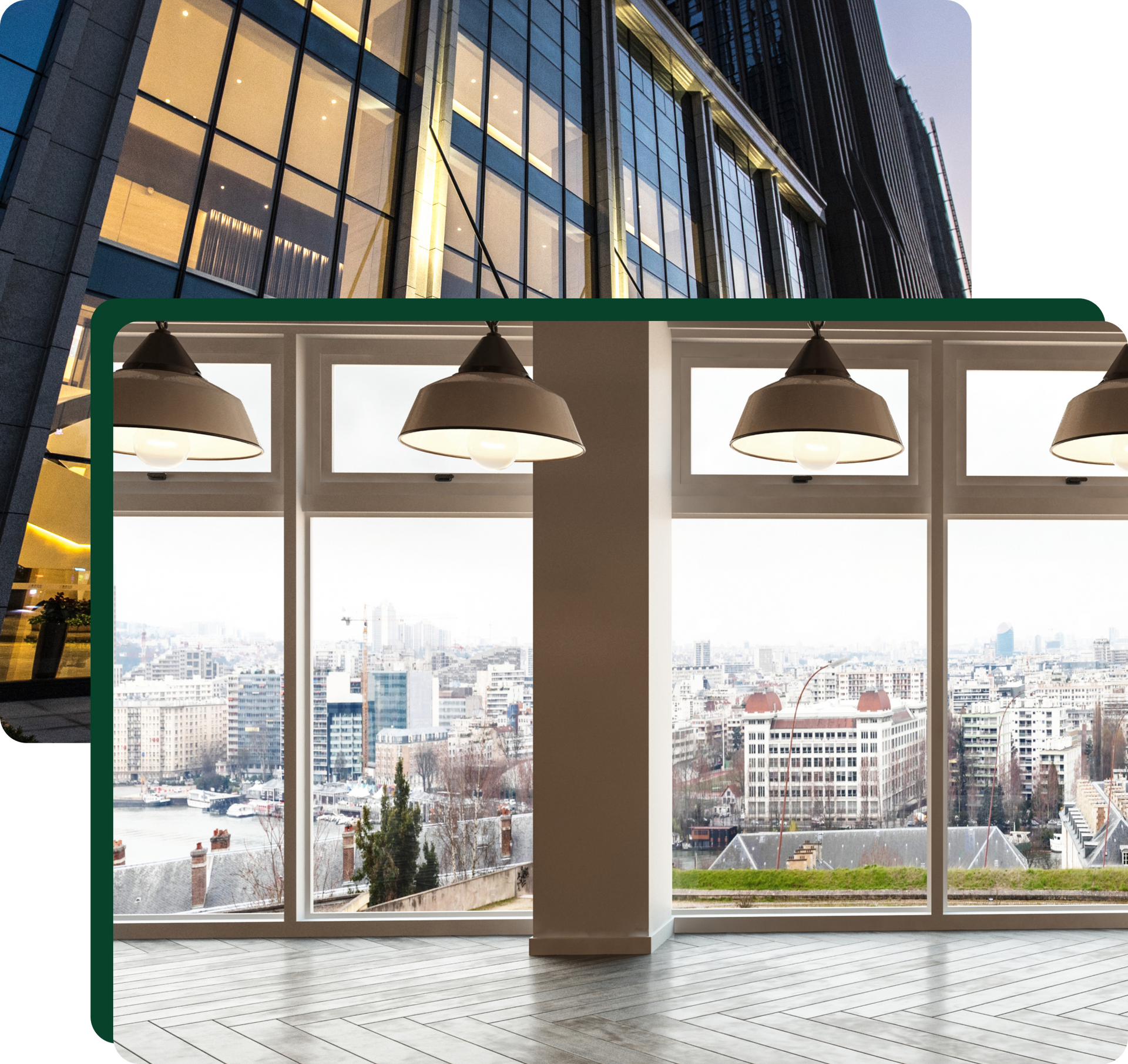 Modern office interior with large windows overlooking a city, pendant lights, and a tall building.